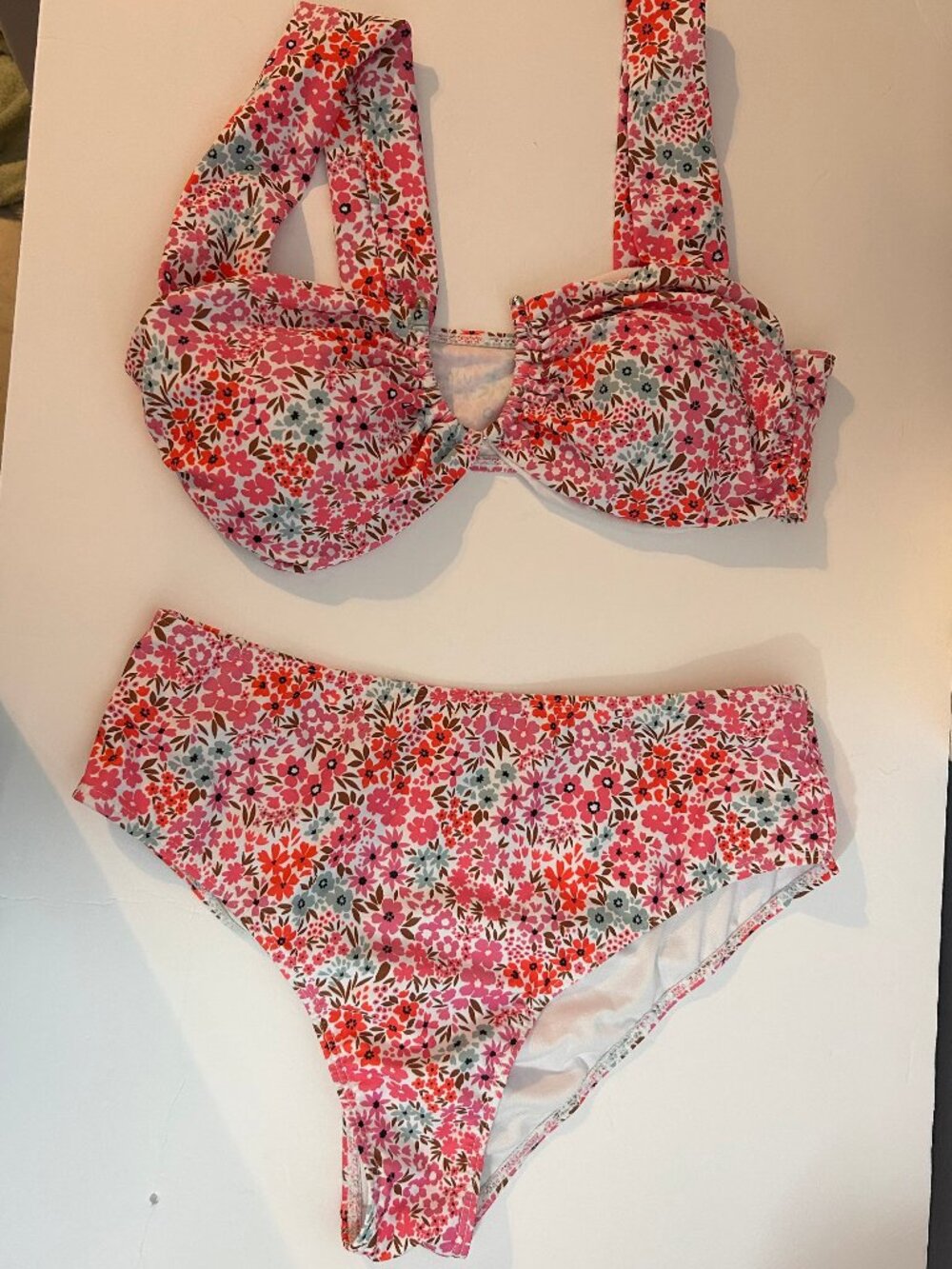 Floral Bikini Size L Pink Orange High-Waisted Ruched Top Retro Cottagecore NWOT
